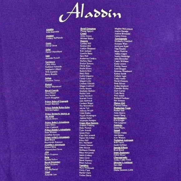 Vintage Anvil Aladdin Movie Cast Crew T-Shirt Purple Mens XL Disney - Picture 8 of 12